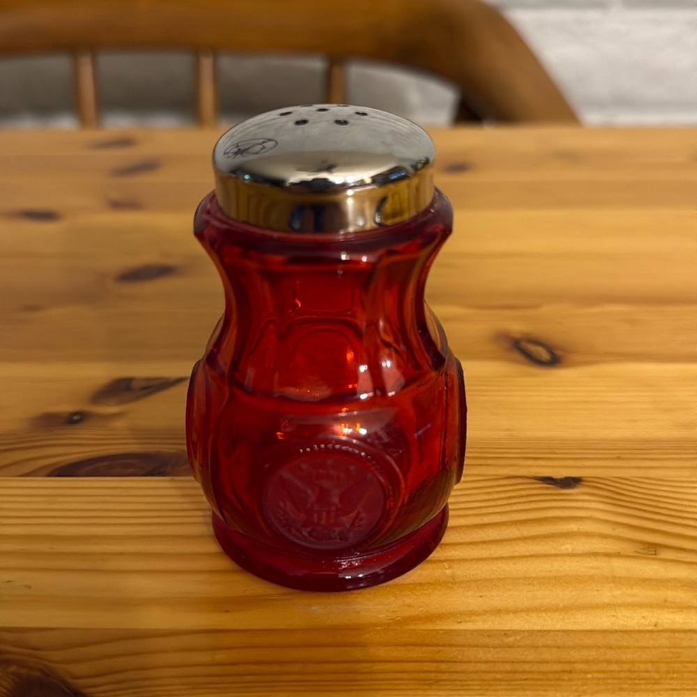 Fostoria Ruby Red Shaker -one, Glass with eagle emblem and torch.